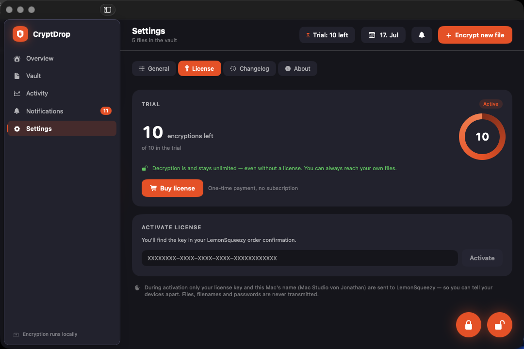 CryptDrop license management